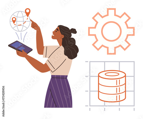 Woman interacts with tablet viewing global map connections. Nearby data server, gear, and graph represent analytics, global trends, process optimization. Ideal for business, innovation, global