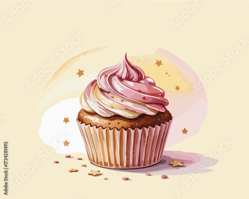 Wallpaper Mural Deliciously Swirled Cupcake Illustration with Pink Frosting and Sprinkles Torontodigital.ca