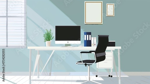 Simple Office Background Design Images, presenting neat desks, floor plants, transparent glass windows, minimalist meeting areas and other elements with a simple visual style. Covering fresh tones 