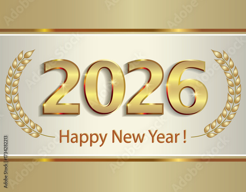 Happy New Year 2026. Background with gold numbers 2026 and laurel branches. New year luxury celebration design.