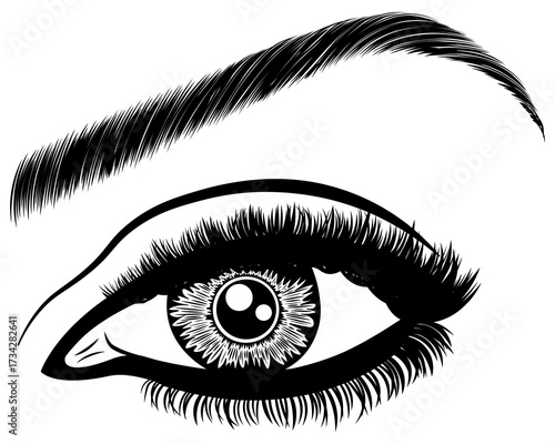 Illustration with woman's eye, eyelashes and eyebrow. Makeup Look. Tattoo design. Logo for brow bar or lash salon.