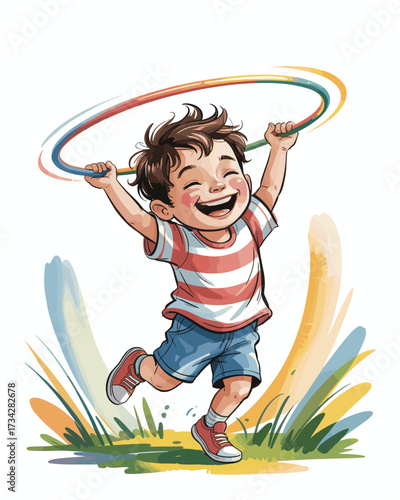 Joyful child playing with a hula hoop in a vibrant, abstract natural setting