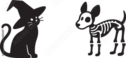 Scary Pet Icons Vector: Halloween Black White Costume Silhouette Bundle and cat as witch, dog as skeleton, hamster in pumpkin.
