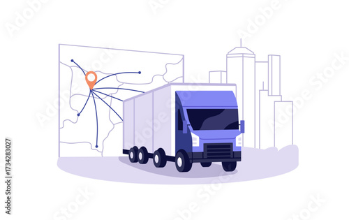 Concept of cargo delivery, international freight transportation. Logistics service. Lorry of supply. Shipping by truck for import and export. Flat isolated vector illustration on white background.