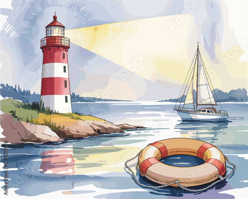 A coastal lighthouse guides a sailboat with a life preserver floating nearby on the water