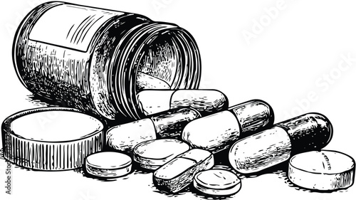 Detailed Drawing of Various Pills Arranged in a Bunch for Medical Concept Artwork