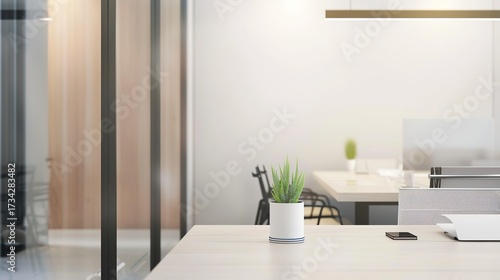 Simple Office Background Design Images, presenting neat desks, floor plants, transparent glass windows, minimalist meeting areas and other elements with a simple visual style. Covering fresh tones 