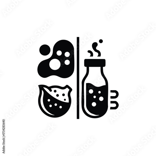 Minimalist line art depicting a soda bottle and a lemon slice, emphasizing refreshment and beverage elements in black and white