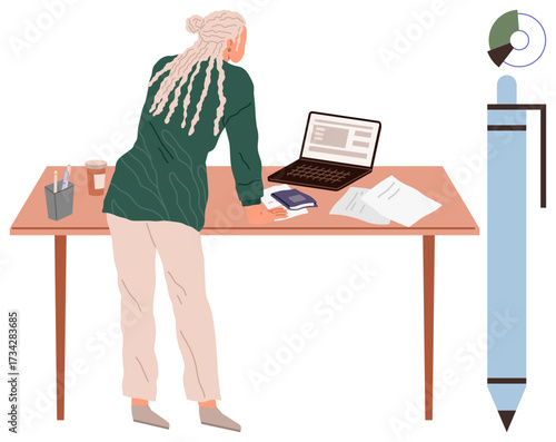 Woman leaning over desk analyzing laptop, papers, and notebook. Large stylized pen and pie chart. Ideal for productivity, creativity, analysis, planning writing motivation focus. Minimal flat
