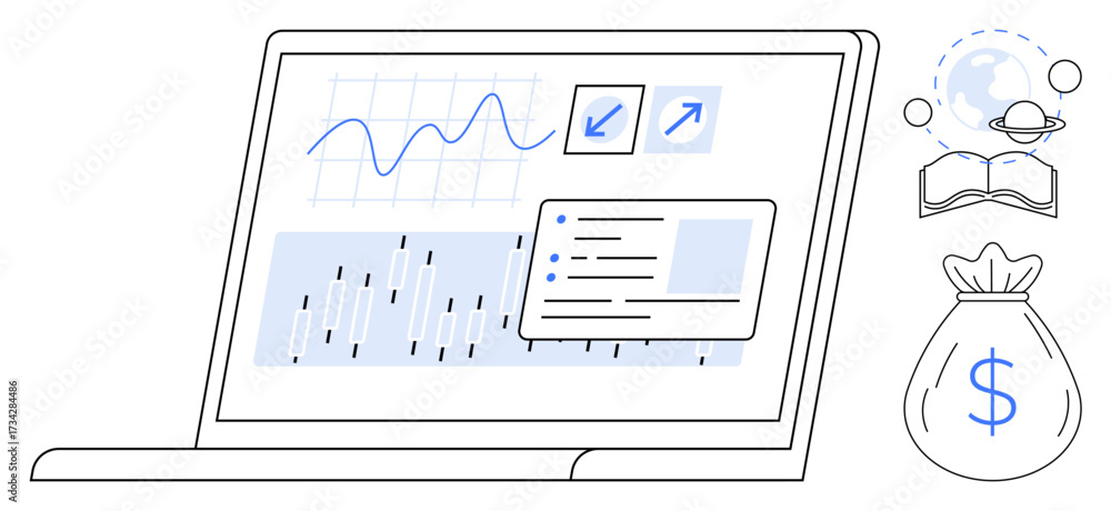 custom made wallpaper toronto digitalLaptop displaying charts, graphs, and data reports, alongside open book, globe icon, and money bag. Ideal for finance, education, analytics global trends e-learning market research simple flat