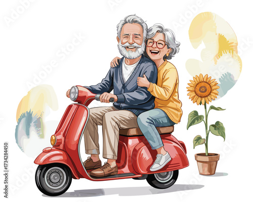 Elderly Couple Enjoying a Joyful Scooter Ride Together
