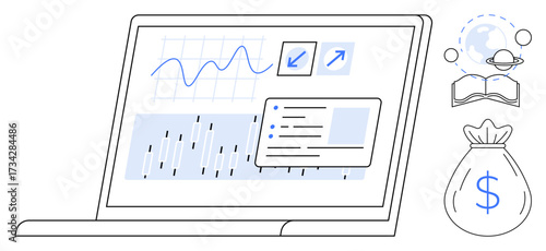Wallpaper Mural Laptop displaying charts, graphs, and data reports, alongside open book, globe icon, and money bag. Ideal for finance, education, analytics global trends e-learning market research simple flat Torontodigital.ca