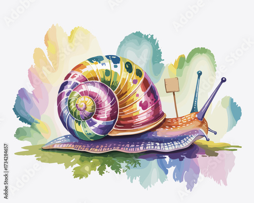 A vibrant, rainbow-shelled snail with expressive eyes, amidst colorful, abstract watercolor splashes