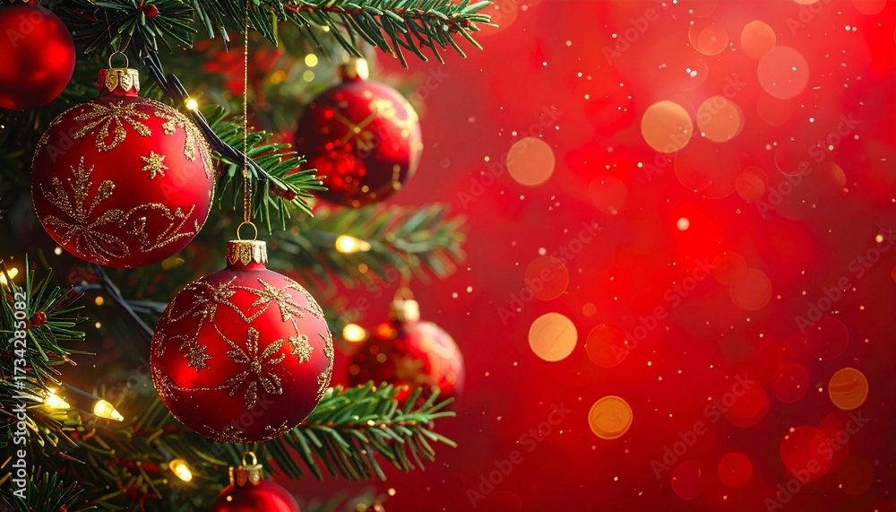 Naklejka premium Festive Christmas tree branch decorated with shiny red ornaments and glowing lights on a sparkling red bokeh background