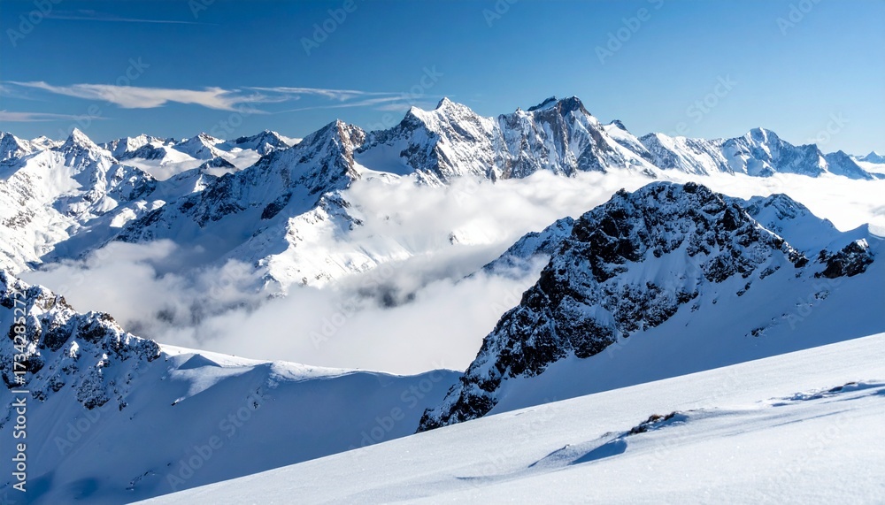 Fototapeta premium Majestic Snow-Capped Mountain Range Under a Clear Blue Sky with Wispy Clouds