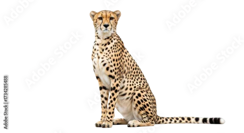 Fototapeta na wymiar Isolated cheetah sitting, spotted coat, gazing forward, feline predator, animal portrait, nature wildlife