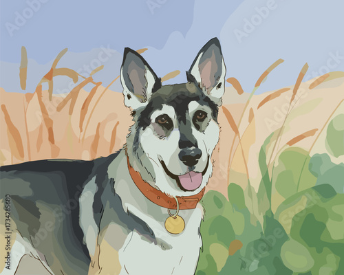 Dog Illustration in a Field of Grain