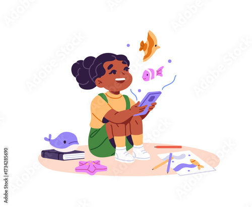 Happy little girl with smartphone in hands, watches video in the Internet. African American kid has fun with phone. Cute child holds device. Flat isolated vector illustration on white background.