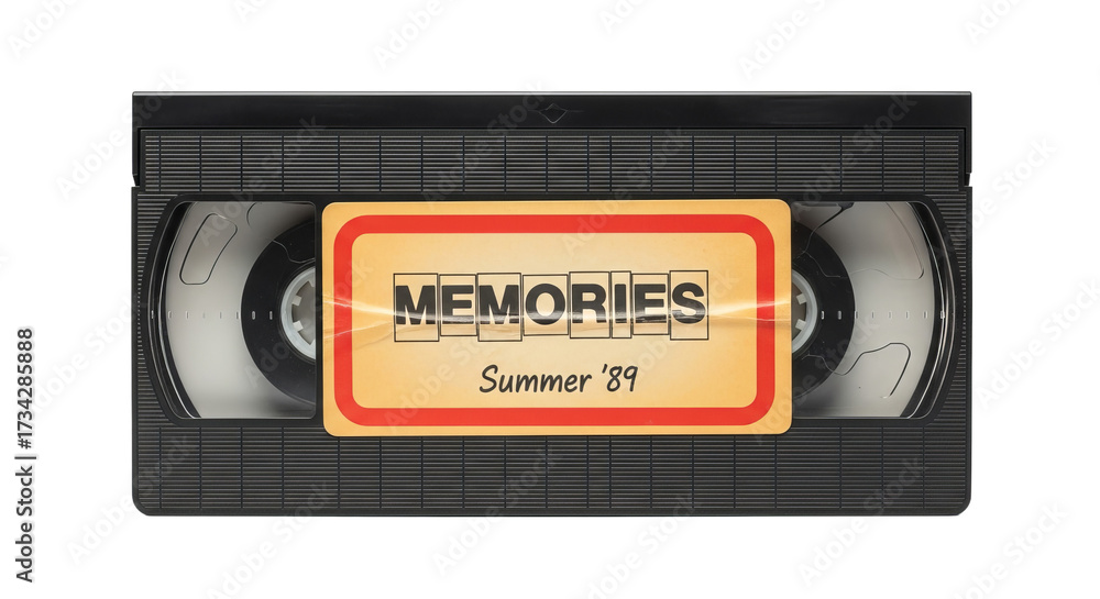 Naklejka premium Classic VHS cassette tape with retro label showing memories from summer '89 against a white background