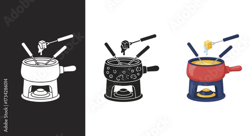 Fondue Pot Vector Icon Set with Flat Color Silhouette and Glyph Styles