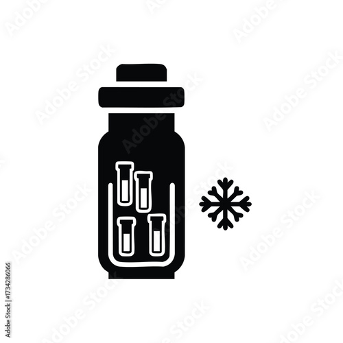 Sterile medical vial with multiple test tubes and a snowflake symbol indicating cold storage or preservation