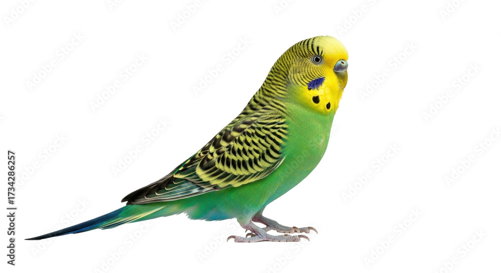 Obraz premium Isolated Green Budgerigar Standing on a Branch, a Vibrant Pet Bird with Yellow Head Markings