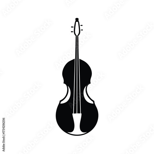 Minimalist black silhouette of a cello on a clean white background