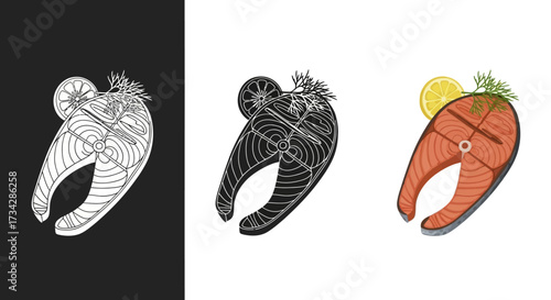 Icon Set Vector Illustration of a Salmon Steak with Lemon and Dill in Color and Monochrome Styles for Seafood Branding