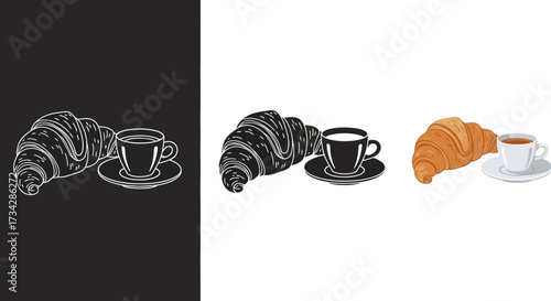 Breakfast Illustration Vector Set with Croissant and Coffee in Sketch Color and Silhouette Styles