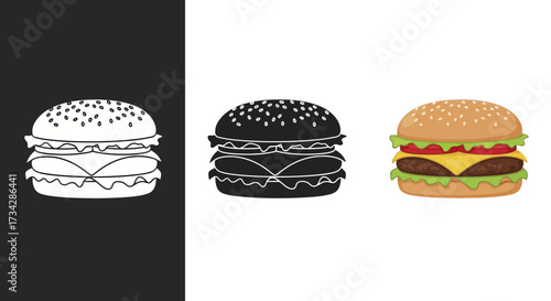 Hamburger Cheeseburger Vector Icon Set in Flat and Silhouette Styles