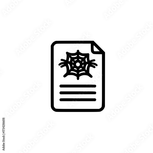 Vector icon showing a spider weaving a web on a document representing digital security risks