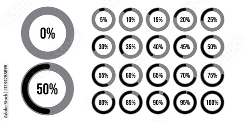 Minimal infographic circle with percentage 10 to 100 loading progress interface showcasing different pie chart vector design.10 20 30 40 50 60 70 80 90 100 percent loading circle collection pie chart 