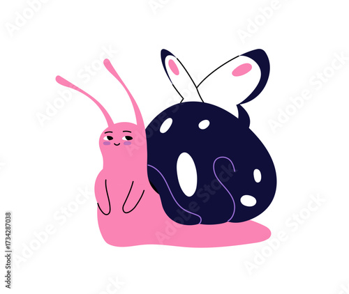 Cute pink snail with butterfly sitting on coiled house. Happy slug character with patterned spiral shell on its back. Funny little snailfish is joyful. Flat isolated vector illustration on white.