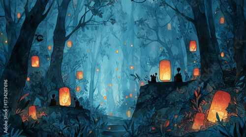 Watercolor enchanted forest with glowing lanterns and shadowy creatures hiding