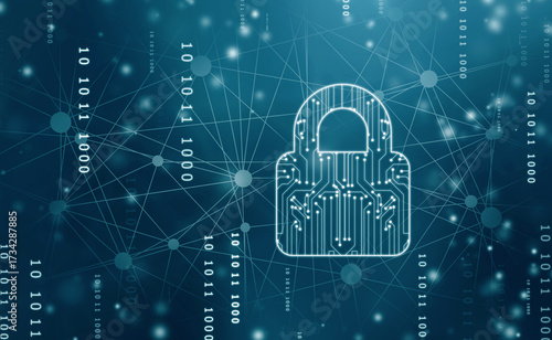 Closed Padlock on digital Circuit background, Technology security concept. Modern safety digital background. Lock Protection system, Cyber Security and information or network protection