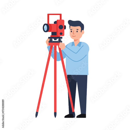 A land surveyor operates a theodolite for precise measurement and mapping, depicted in a clean, flat 2D vector illustration isolated on a plain white background.