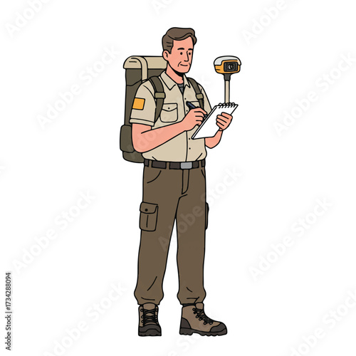 A professional land surveyor meticulously uses a modern GPS device on a tripod, presented as a clean flat 2D vector illustration against a plain white background.