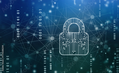 Closed Padlock on digital Circuit background, Technology security concept. Modern safety digital background. Lock Protection system, Cyber Security and information or network protection