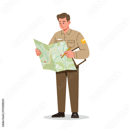 A land surveyor is diligently checking a map with precision, depicted in a clean flat 2D vector illustration against a plain white background.