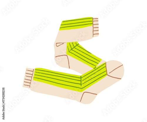 Pair of long socks patterned with stripes print. Cotton stocking with mid calf high. Stylish hosiery for sport. Fashion foot clothes, accessory. Flat isolated vector illustration on white background.