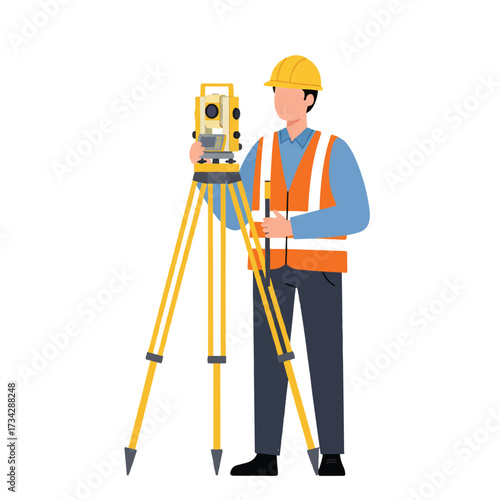 A striking flat 2D vector illustration depicts a professional land surveyor equipped with a helmet and high-visibility vest, standing against a clean, plain white background.