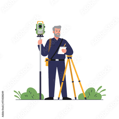 A professional land surveyor is diligently working outdoors with advanced surveying equipment, a clean flat 2D vector illustration on a plain white background.