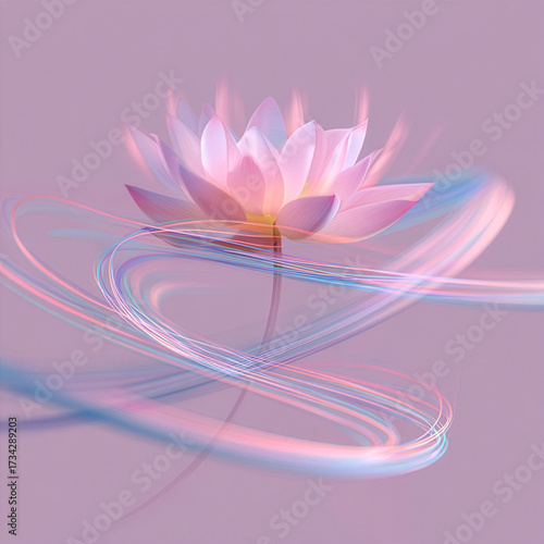 Minimalist lotus with abstract pastel light trails on pink background