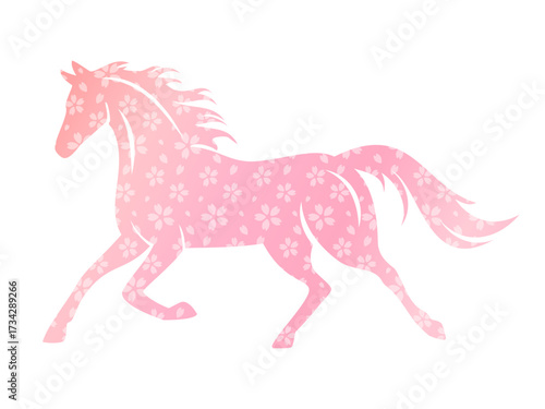 午年の年賀状素材、走る馬のシルエット、桜の模様