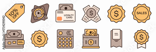 Vector icon sheet with discount tag, loyalty card, cash drawer, and sales badge – Great for retail branding, cashier promotions, or store marketing