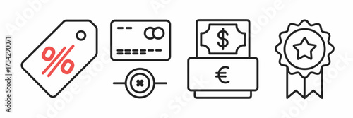 Minimalist vector icon sheet with discount tag, loyalty card, cash drawer, and sales badge – Ideal for cashier branding, retail design, or point-of-sale marketing