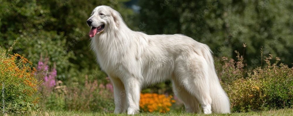 Obraz premium A majestic white dog stands proudly in a vibrant garden filled with colorful flowers, showcasing its fluffy coat and friendly demeanor.