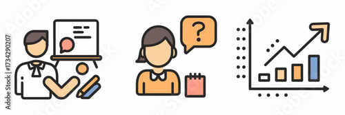 Vector icon sheet showing teacher, student, and upward trend graph – Suitable for student support, learning management, or progress tracking content