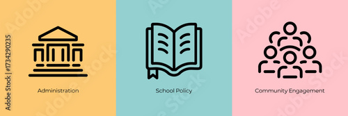 Vector icon sheet with building, book, and people icons – Great for school administration, policy guidance, or community involvement