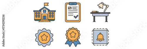 Vector icon sheet of principal visuals – School building, clipboard, meeting table, leadership badge, and announcement icon